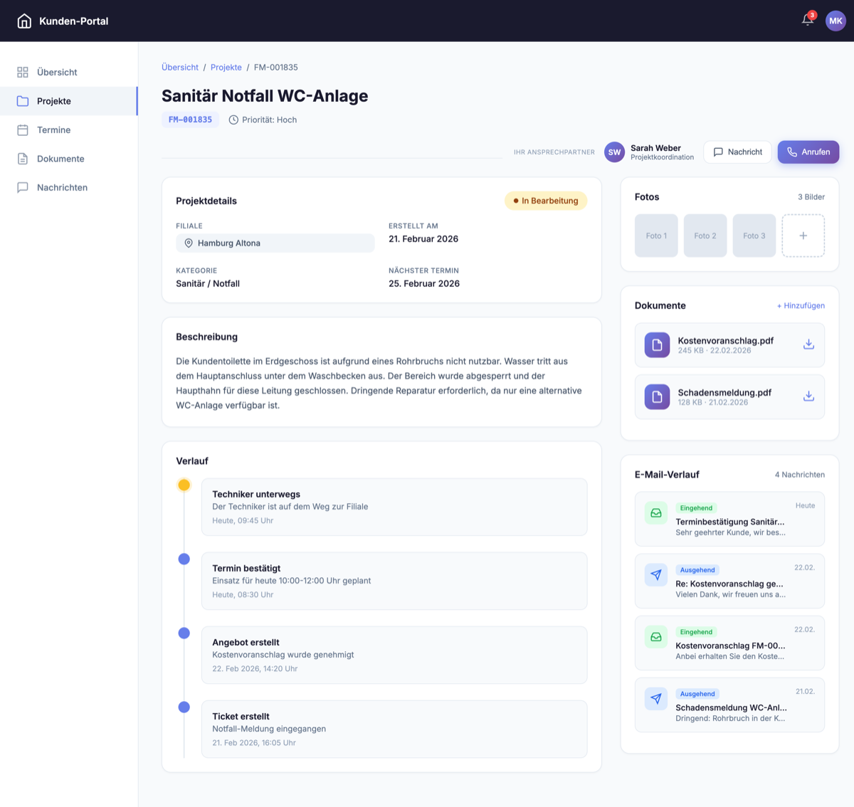 Kundenportal Projektdetail - Übersicht des Auftrags